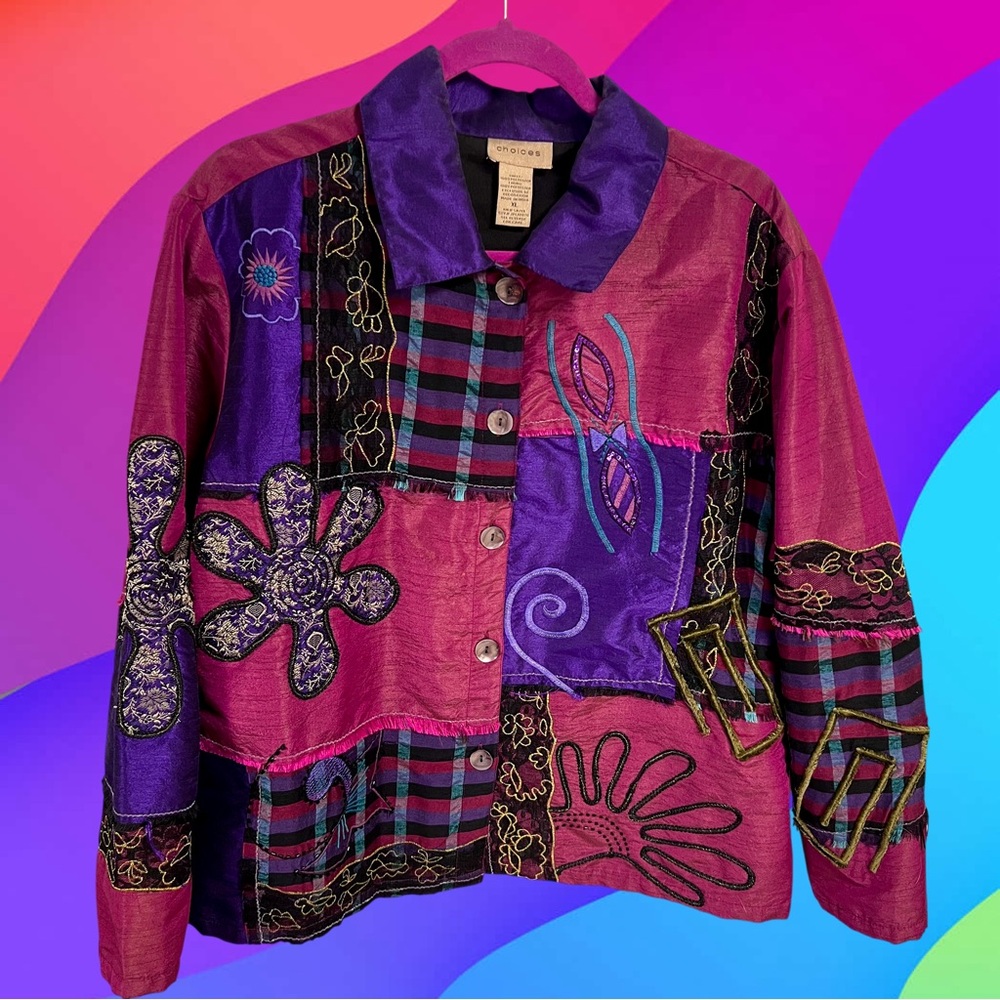 Vintage Choices pink and purple groovy sequined flowers button up